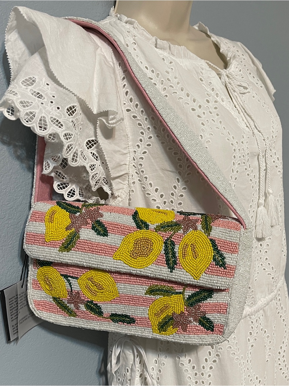 America & Beyond Beaded Lemon Shoulder Bag Pink Stripe Citrus Fruit Resort NWT